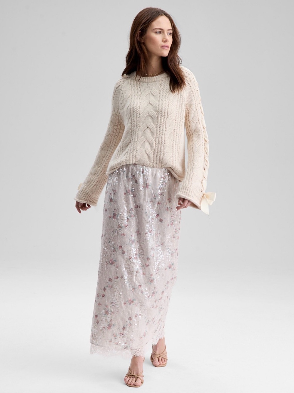 Sequin Floral Midi Skirt in Blush Pink